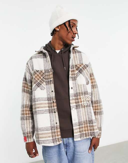 The Couture Club - Oversized, tung skjortejakke med børstede tern i beige og hvid