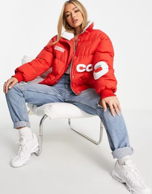 The Couture Club padded jacket with slogan print in red