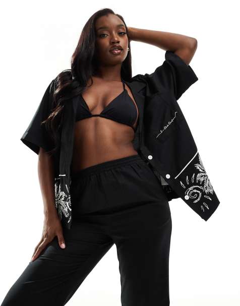 The Couture Club palm print embroidery shirt in black - part of a set - view 1
