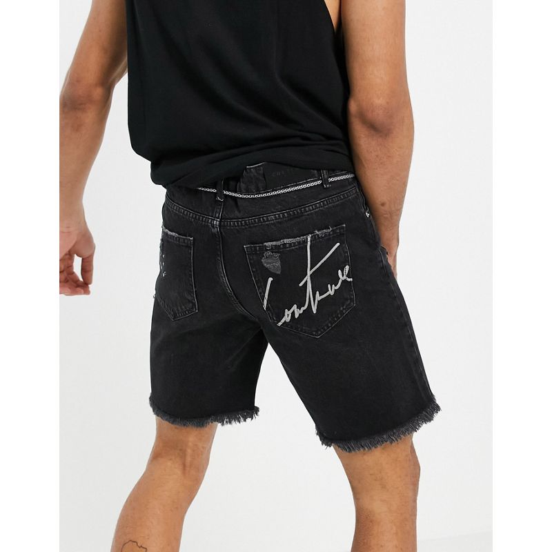 Uomo Pantaloncini di jeans The Couture Club - Pantaloncini di jeans neri con toppe effetto bandana