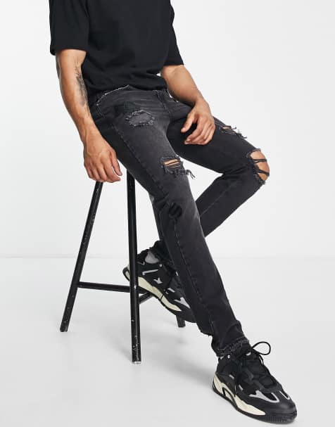 mens distressed black skinny jeans