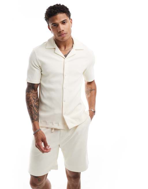 The Couture Club rib textured short sleeve shirt in off white (part of a set)