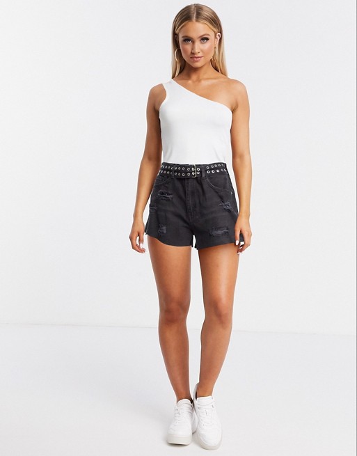 The Couture Club ripped belted denim shorts in black