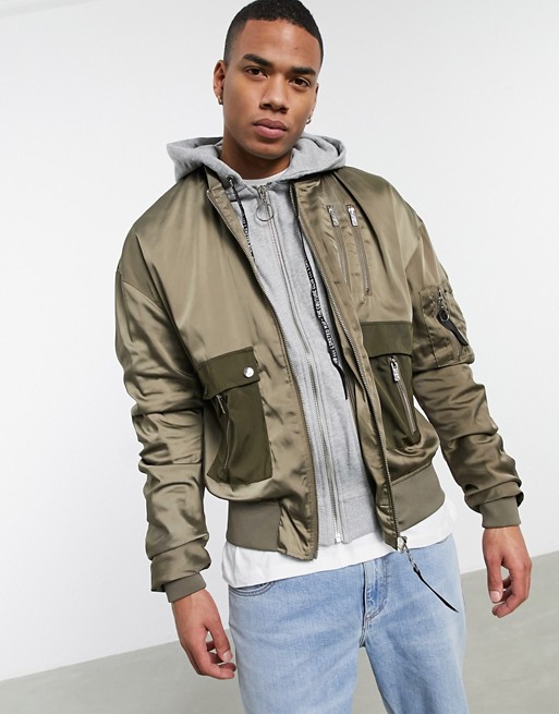 The Couture Club ruched sleeve hooded bomber jacket in khaki