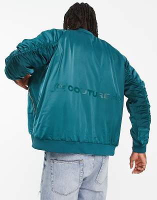 The Couture Club Satin Bomber Jacket In Teal Blue With Ruched Sleeve Detail