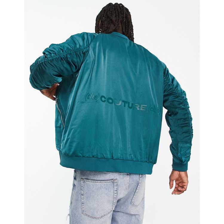 The Couture Club Satin Bomber Jacket in Teal Blue with Ruched Sleeve Detail