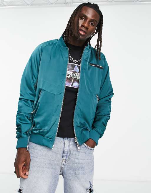 Blue satin clearance bomber jacket mens