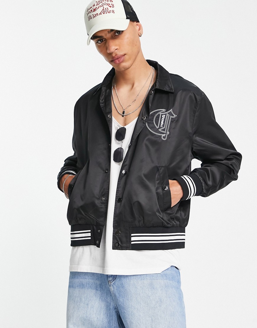 The Couture Club Satin Bomber Jacket With Varsity Badging In Black ...