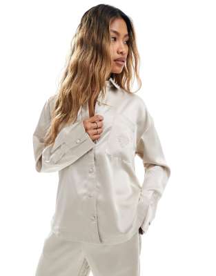 satin long sleeve shirt in beige - part of a set-Neutral