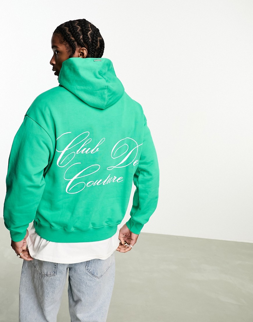 The Couture Club Script Pullover Hoodie In Green With Chest And Back Print