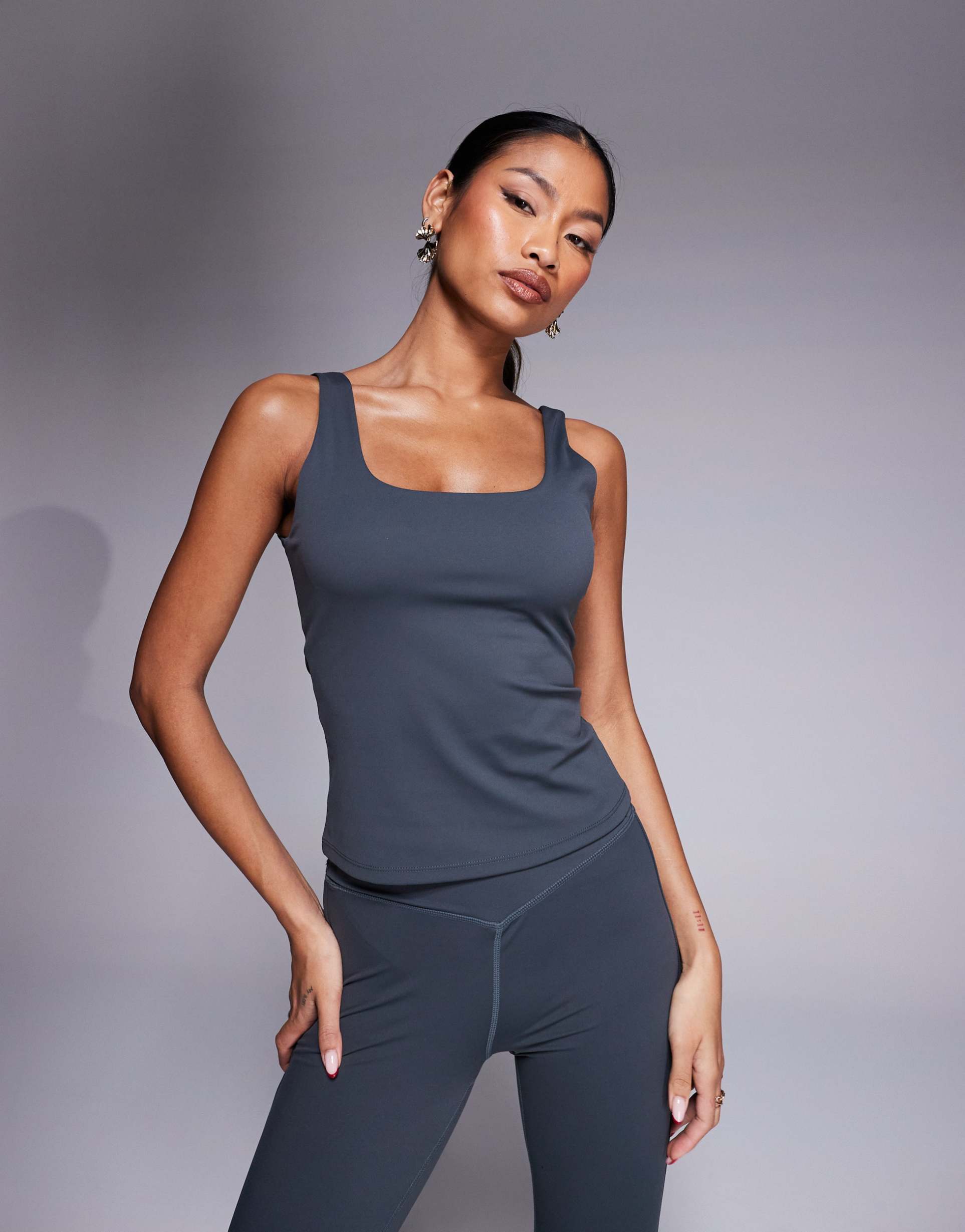 the couture club sculpting stretch scoop neck workout top in charcoal - part of a set