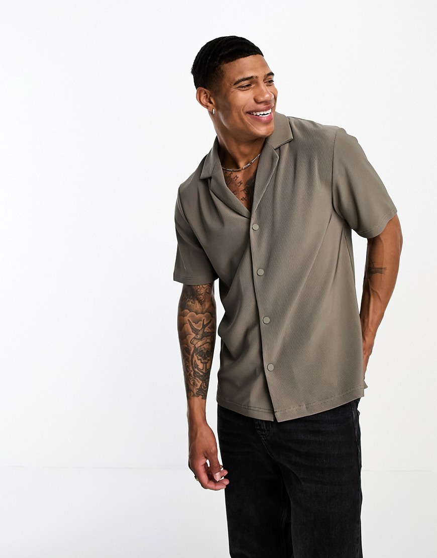 The Couture Club short sleeve revere collared shirt in ribbed mink grey