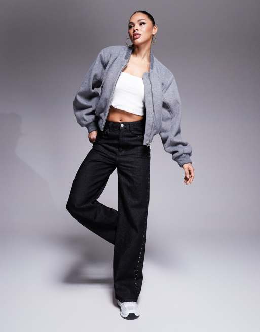 The Couture Club shoulder pad wool blend bomber jacket in grey marl, 2 of 4