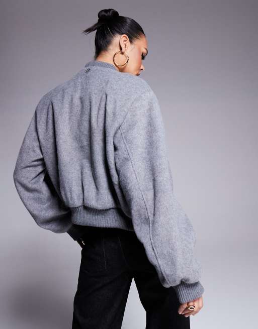 The Couture Club shoulder pad wool look bomber jacket in grey marl, 4 of 4