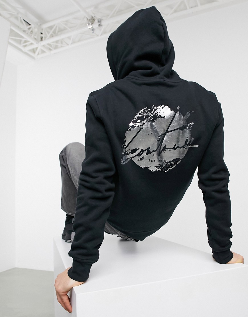 The Couture Club slim fit distressed back print hoodie in black