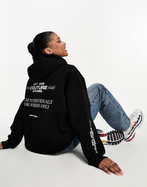 The Couture Club - Sort oversized hættetrøje med mærke på brystet og print bagpå - Del af sæt