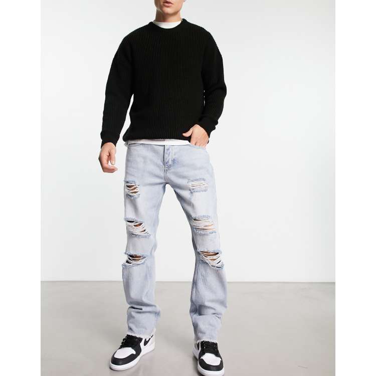 The Couture Club straight leg denim jeans in midwash blue with ripped knee  detail