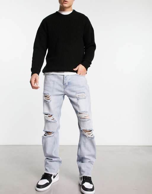 The Couture Club straight leg denim jeans in midwash blue with ripped ...