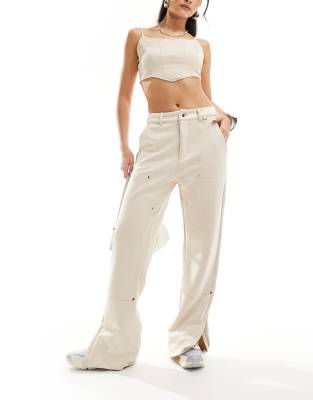 The Couture Club Suede Carpenter Straight Leg Pants In Beige-neutral