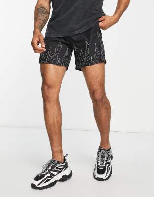 The Couture Club Swim Shorts In Black With Flame Outline Print