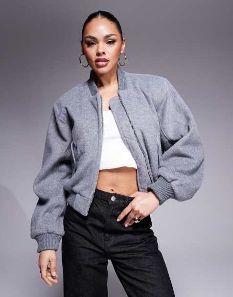 The Couture Club shoulder pad wool look bomber jacket in grey marl