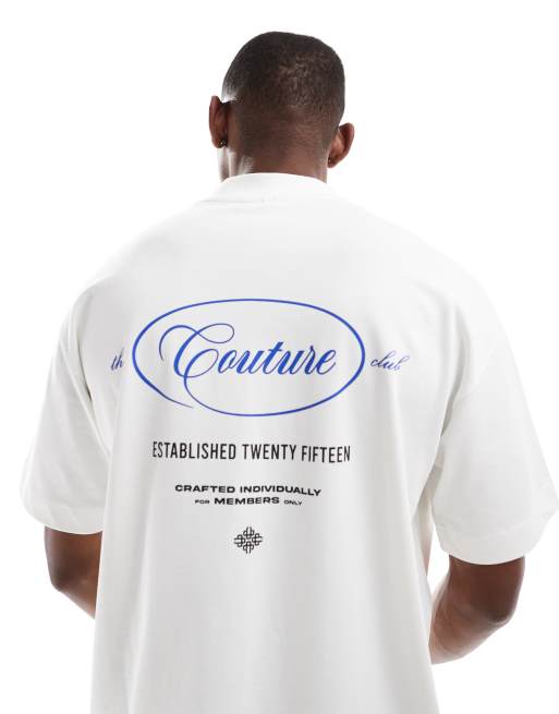 The Couture Club - T-shirt oversize bianco sporco con grafica con scritte stampata sul retro