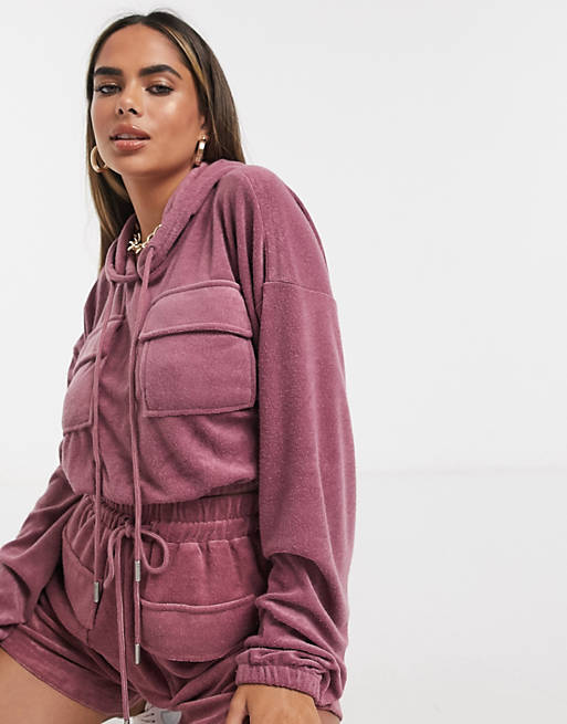 The Couture Club towelled cropped hoodie co ord in purple