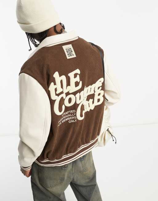 The Couture Club – Trainerjacke aus braunem und beigem Cord mit Logo-Print