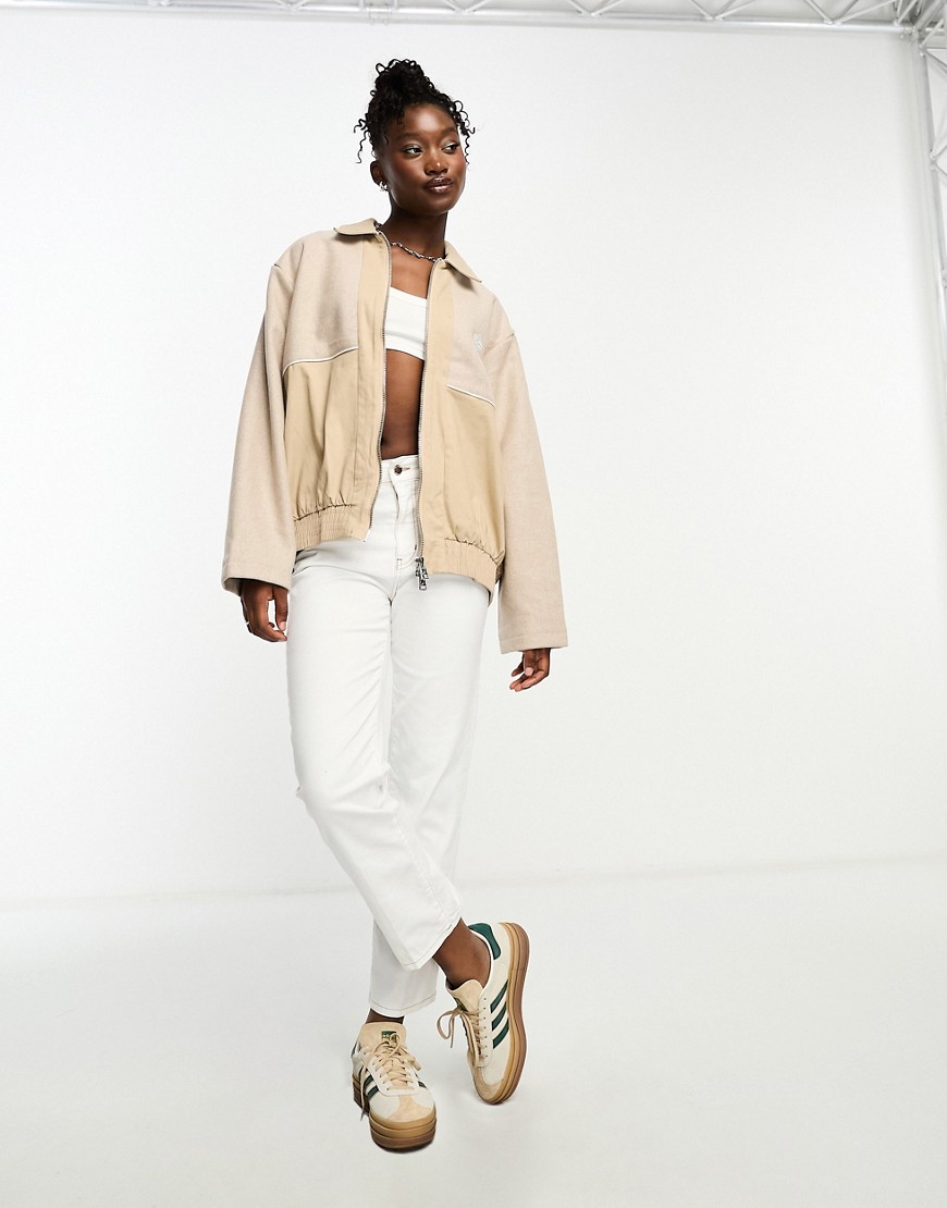 The Couture Club Tweed Paneled Bomber Jacket In Beige-neutral