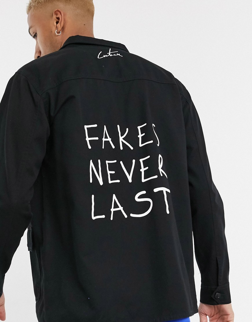 The Couture Club utility jacket in black with slogan