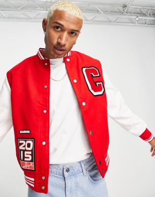 The Couture Club varsity bomber jacket in red and white with embroided patches