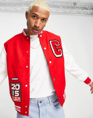 The Couture Club Varsity Bomber Jacket In Red And White With