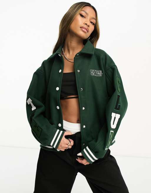 The Couture Club varsity collared jacket in dark green with logo ...