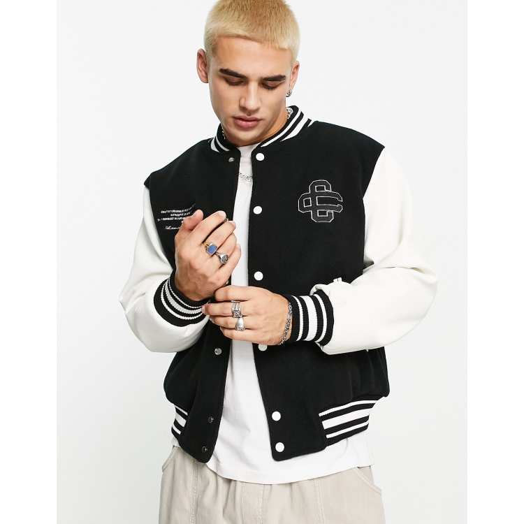 Embroidery Varsity Jacket, Men's Casual Color Block Button Up