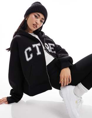 varsity zip up hoodie in black