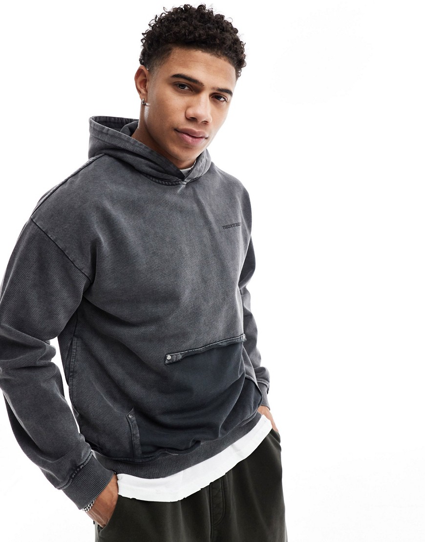 The Couture Club Washed Pocket Detail Hoodie In Acid Gray-brown