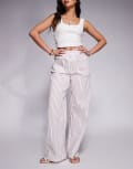 [The Couture Club] The Couture Club wide leg double layer stripe pants in beige and burgundy-Red 18 BURGUNDY
