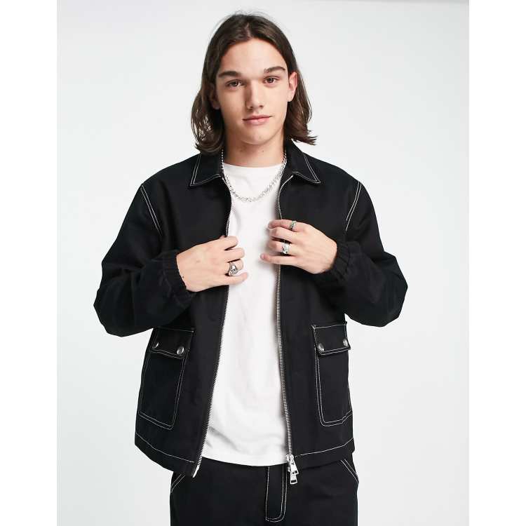 Vegan Leather Contrast Stitch Jacket - Black