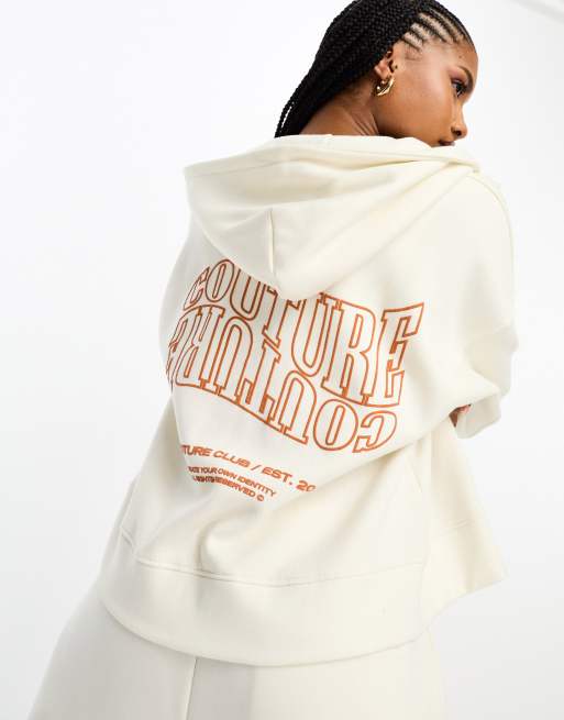 The Couture Club – Zapinana na zamek bluza oversize z kapturem w kolorze złamanej bieli, część zestawu