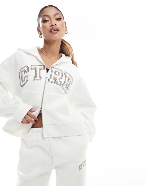The Couture Club – Zapinana na zamek bluza z kapturem varsity w kolorze złamanej bieli, część zestawu