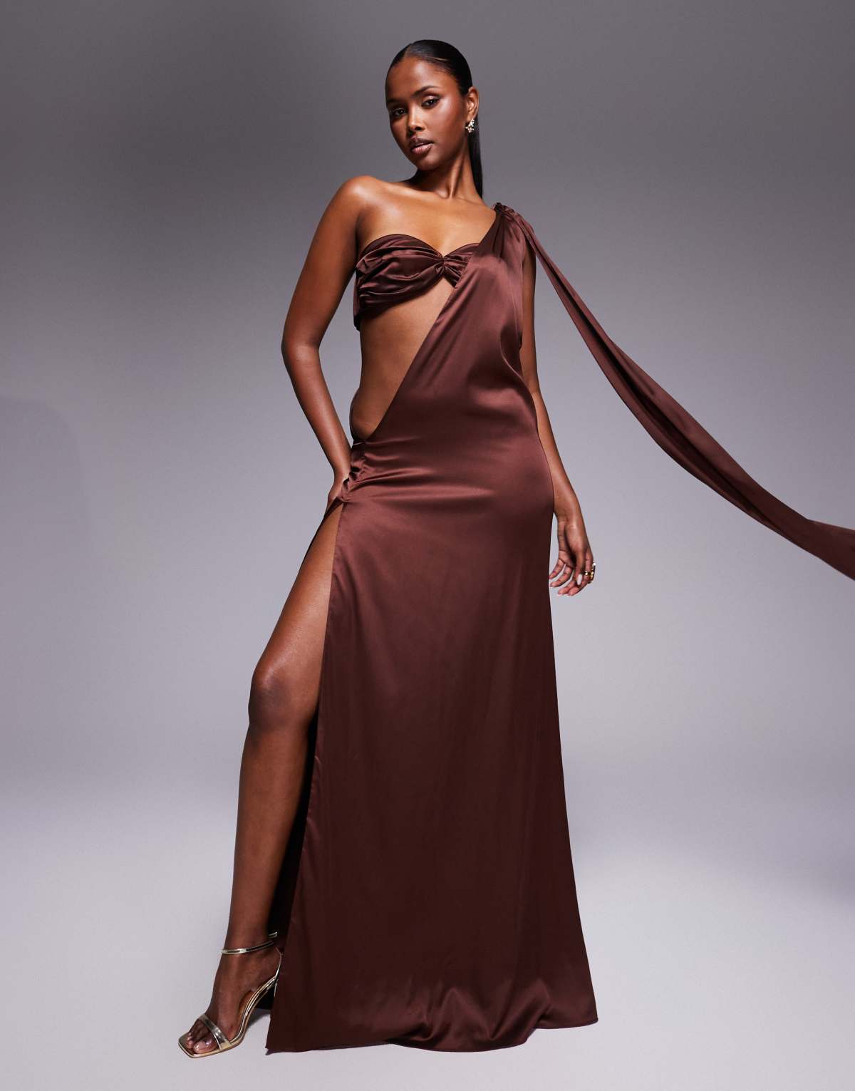 The Dolls House Circa Anthia asymmetric satin maxi dress in chocolate brown
