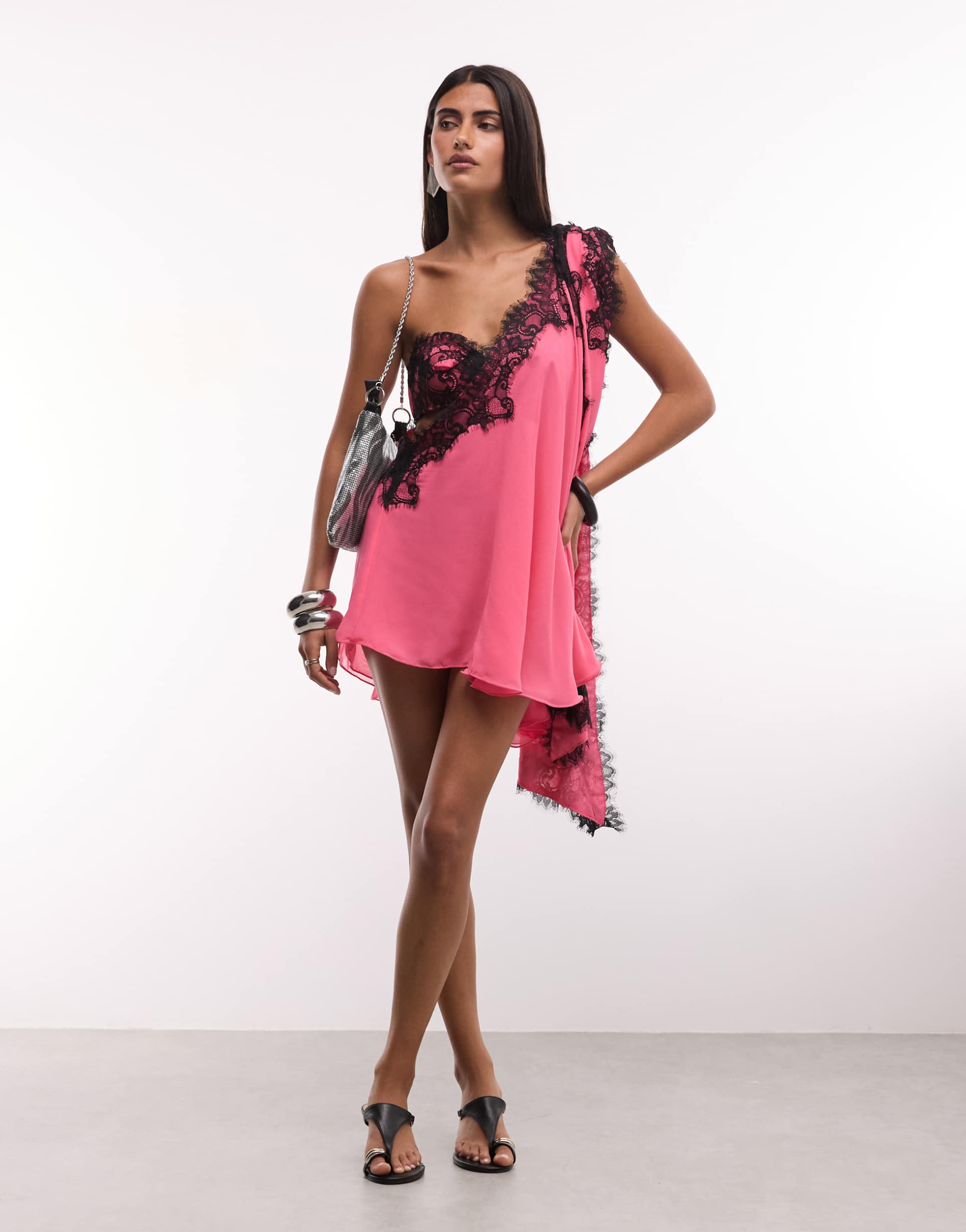 the dolls house circa anthia chiffon one shoulder lace detail mini dress in pink