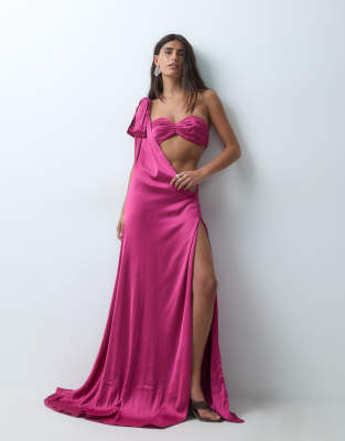 The Dolls House Circa Anthia Premium Satin Bandeau Cut Out Shoulder Drape Detail Maxi Dress In Pink