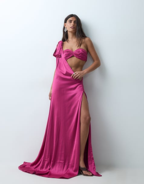 The Dolls House Circa Anthia premium satin bandeau cut out shoulder drape detail maxi dress in dark pink - view 1