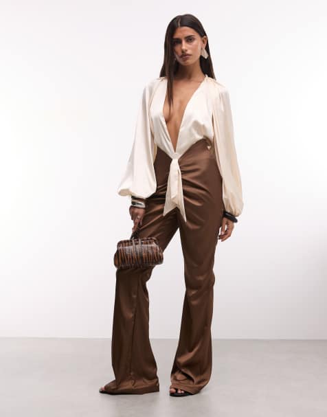 The Dolls House Circa Anthia premium satin plunge neck balloon sleeve flared jumpsuit in cream and chocolate - view 1