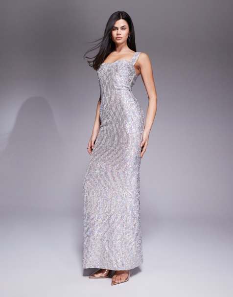 The Dolls House Circa Antonia sequin cup detail maxi dress in silver
