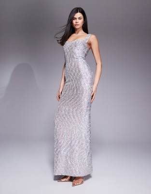 The Dolls House Circa Antonia Sequin Cup Detailing Maxi Dress In Metallic