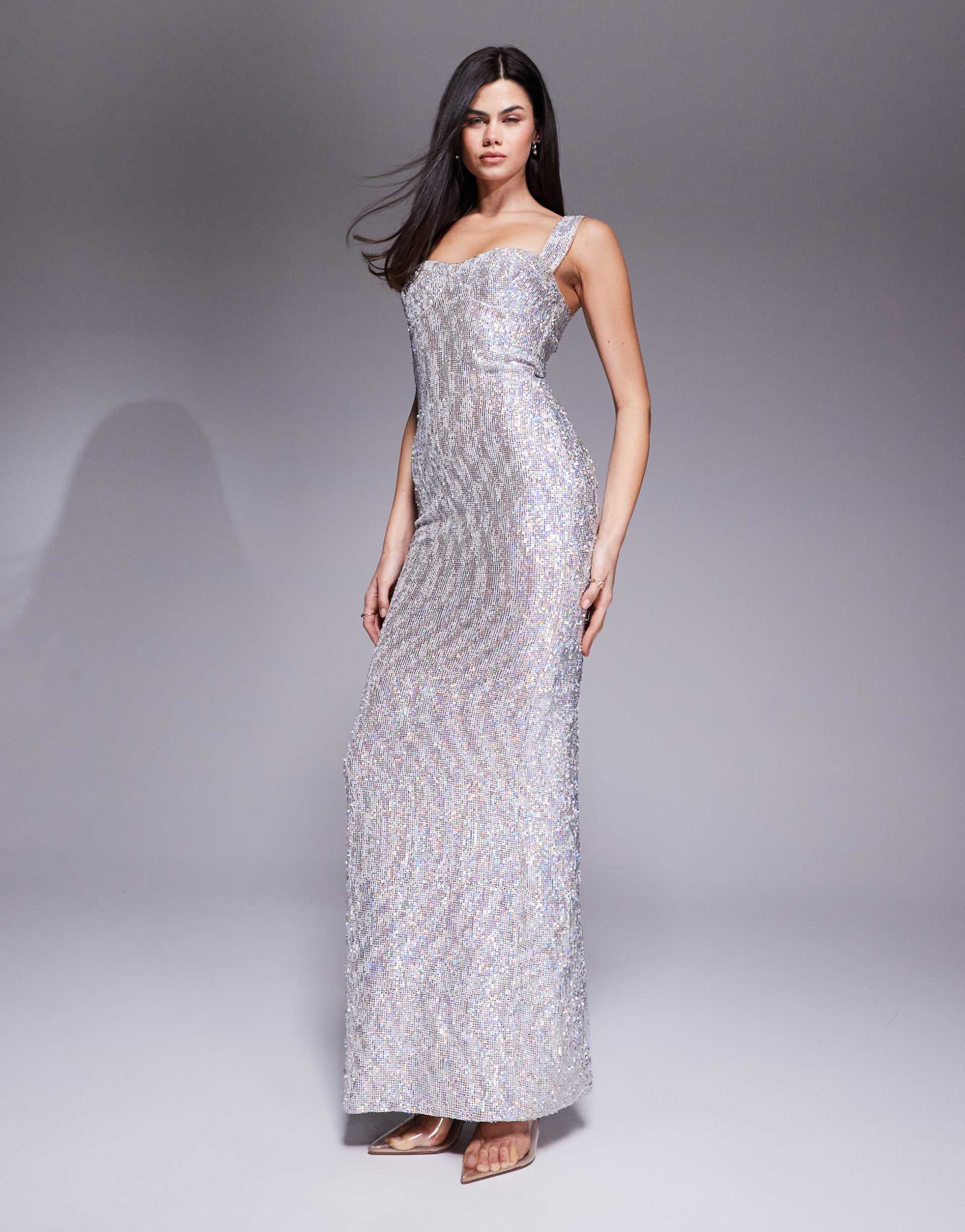 the dolls house circa antonia sequin cup detailing maxi dress in silver