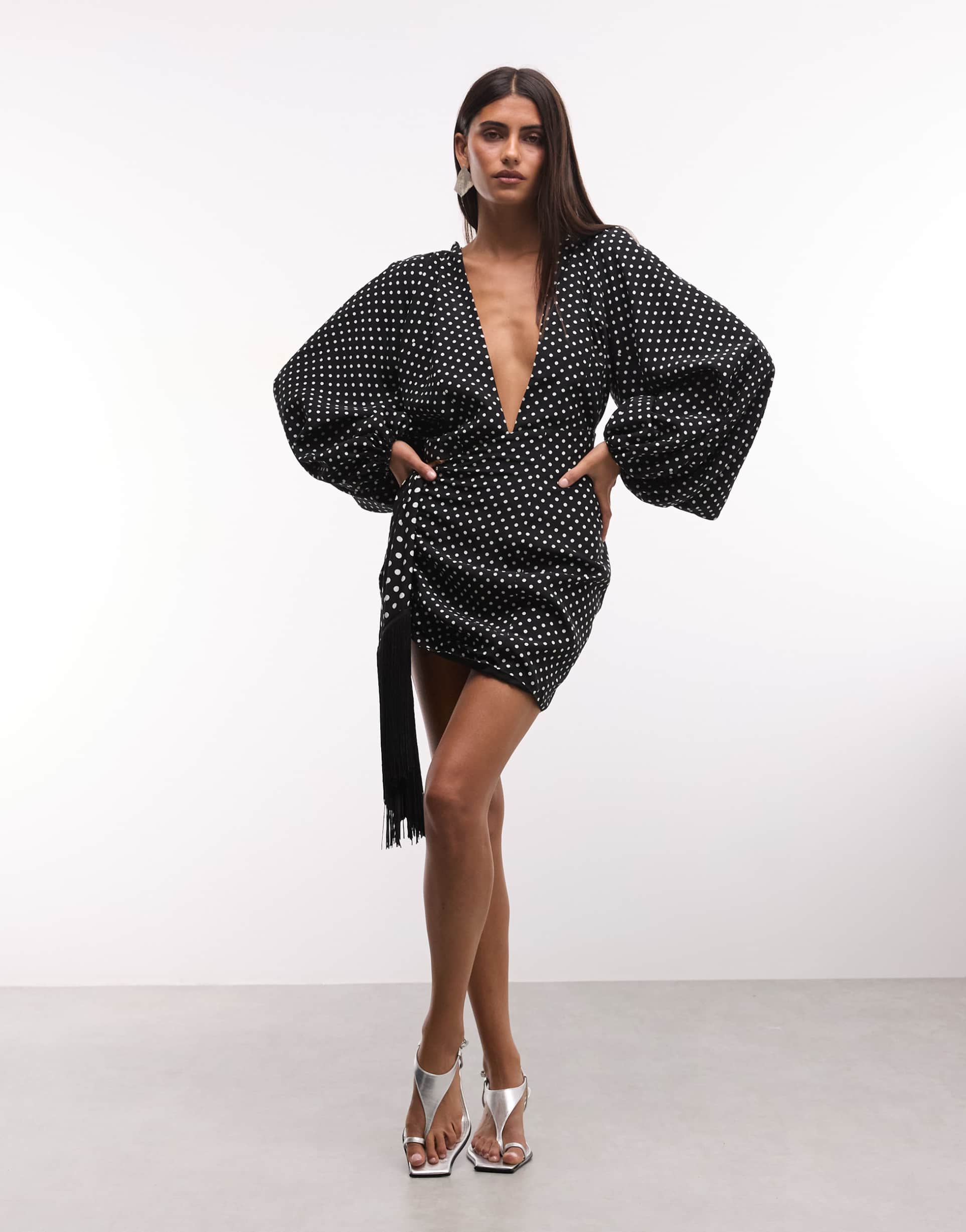 the dolls house circa beaudelle premium plunge neck balloon sleeve drape tassel detail mini dress in black polka dot print