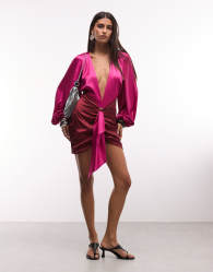 The Dolls House Circa Beaudelle premium satin deep plunge neck balloon sleeve ruched mini dress in pink and burgundy